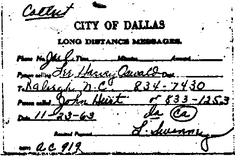 Telephone slip from the Dallas jail